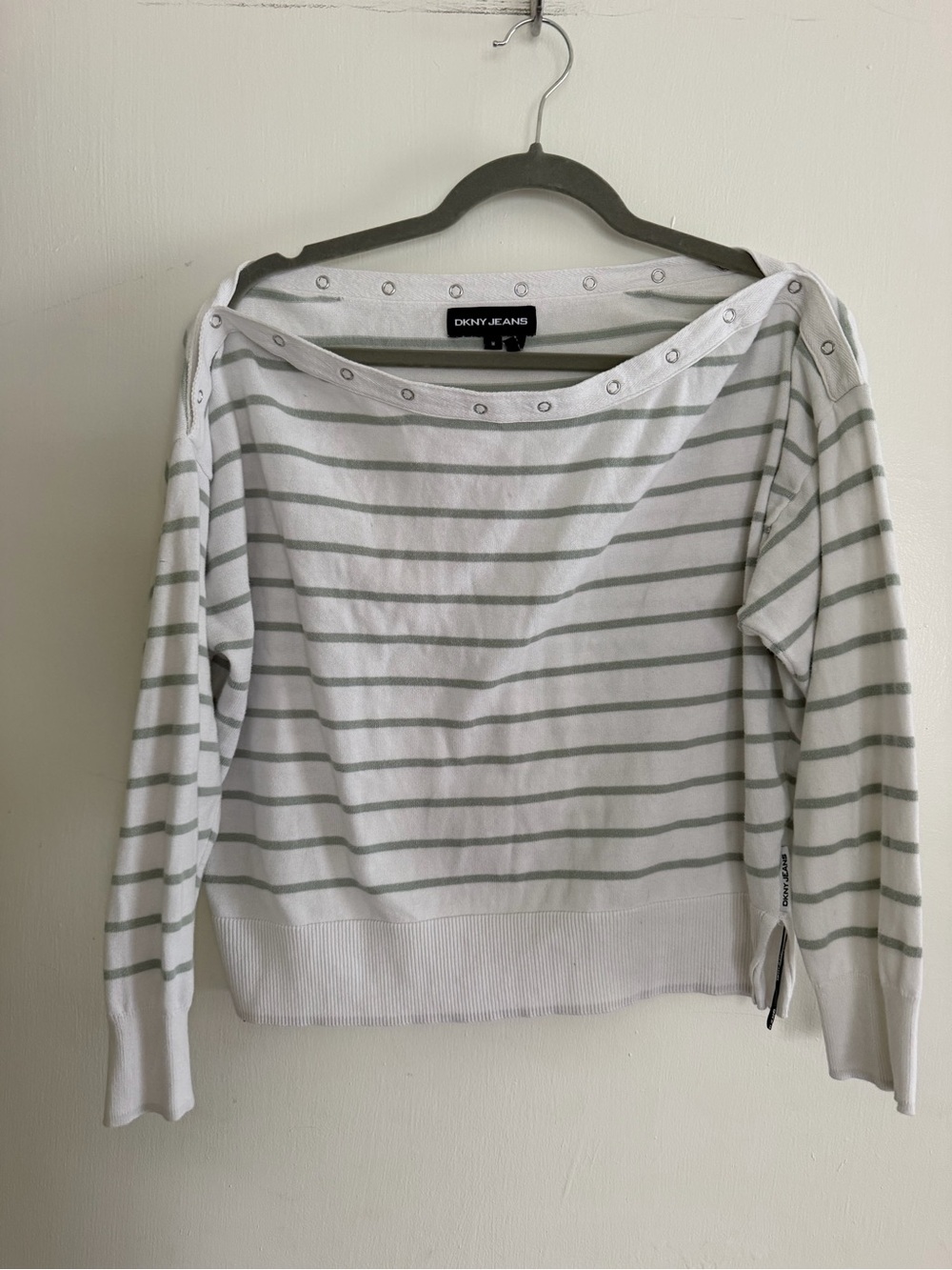 Dkny Striped Off-the-Shoulder Sweater in White and Light sage